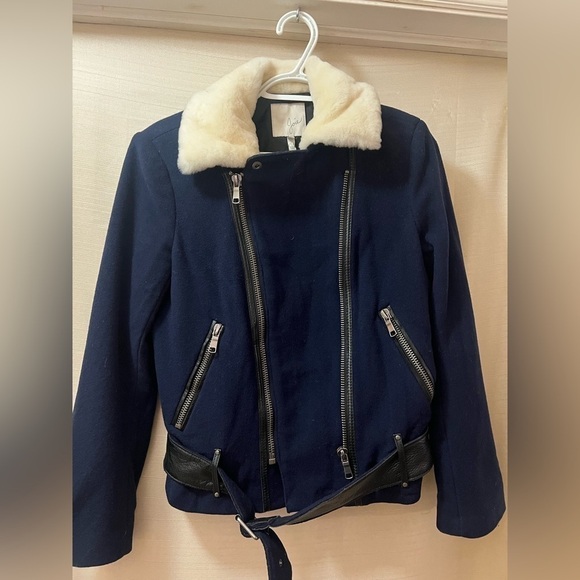 Joie women’s moto jacket size xl, leather and wool accents with belted waist - Picture 2 of 10